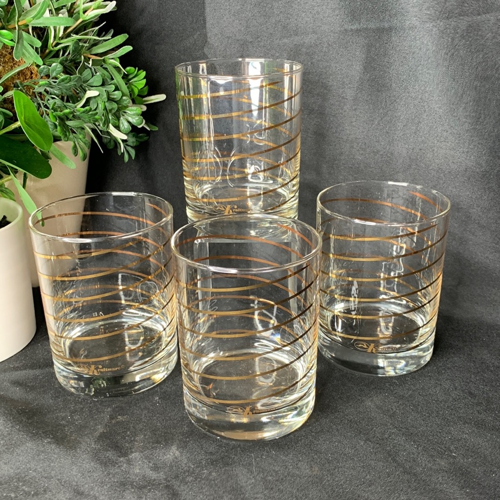 Set of 4 vintage MCM Kraftware Gold Swirl rocks double old fashioned glasses